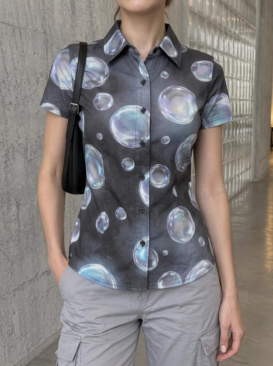 Women's Y2K Aesthetic Iridescent Bubble Printed Shirt