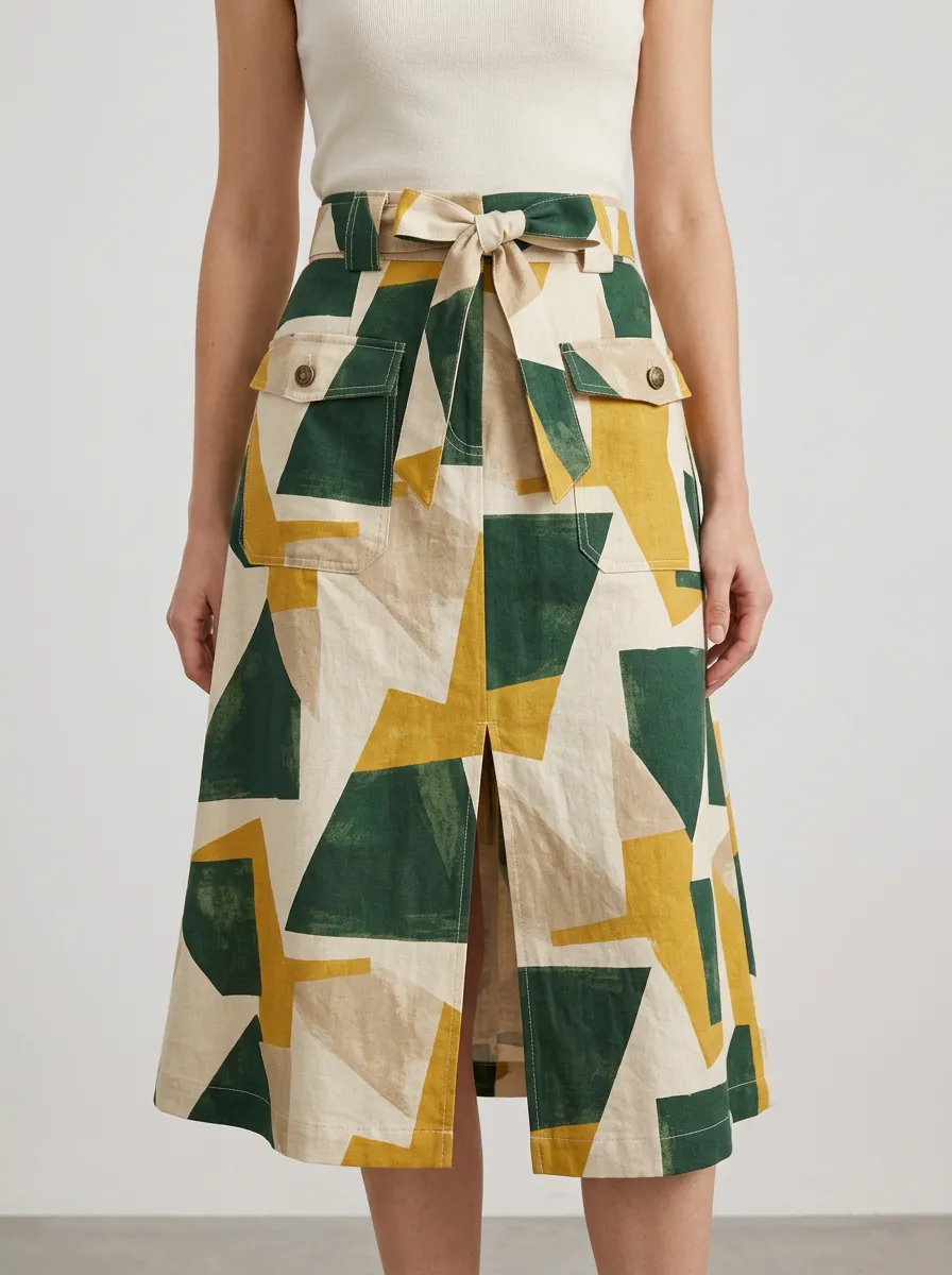 Women's Geometric Pattern Tie-Waist Printed Midi Skirt