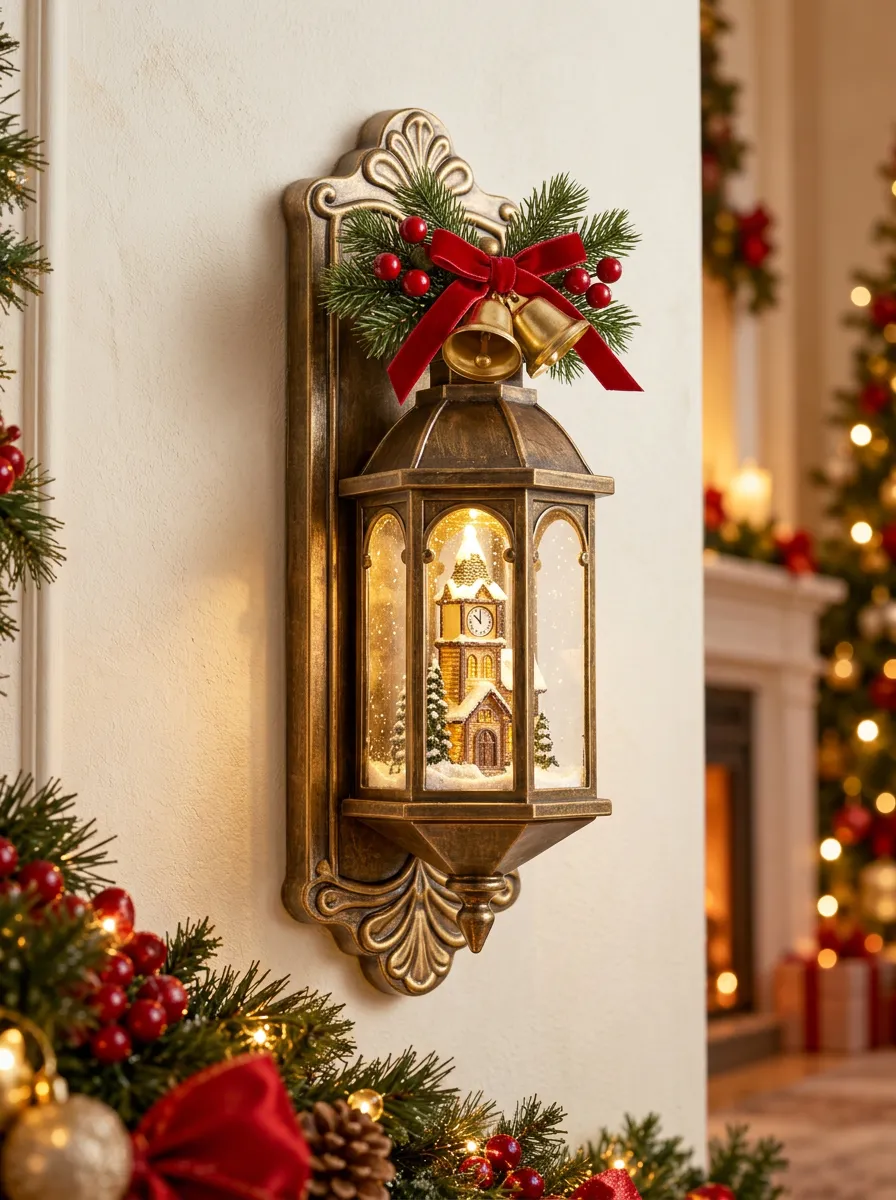 Snowy Clock Tower Bell Bow Christmas Wall Light