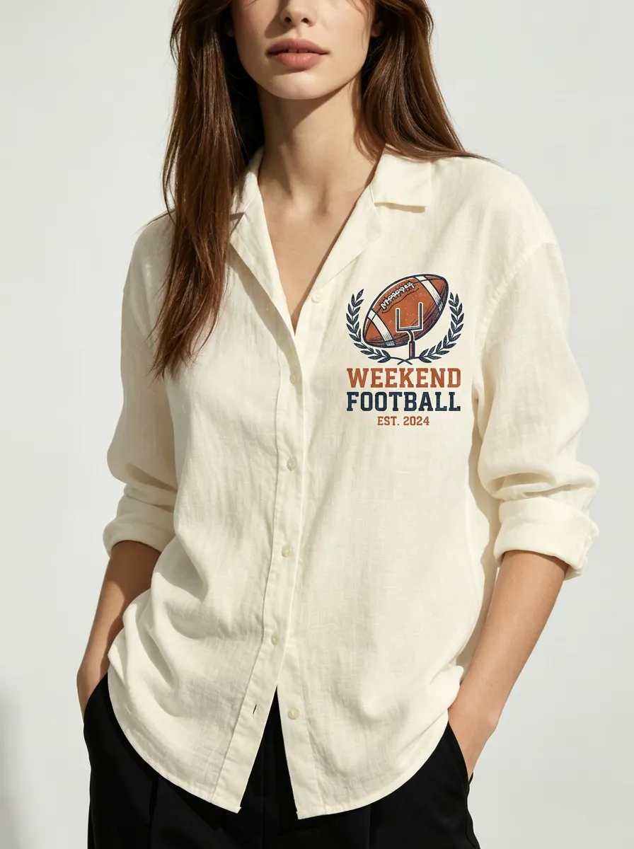 Women's Weekend Football Goalpost Printed Button-down Shirt