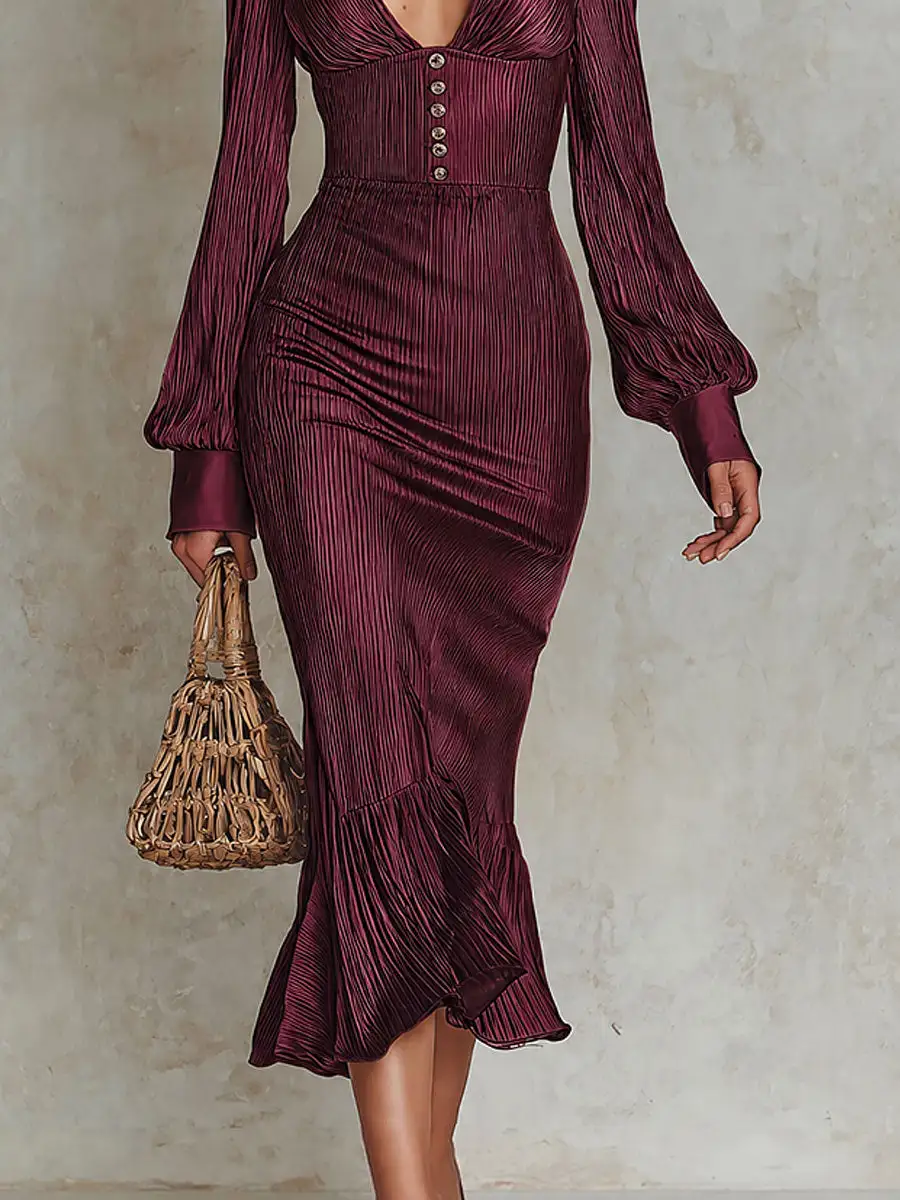 Boho Satin V-Neck Long Sleeve Fishtail Midi Dress