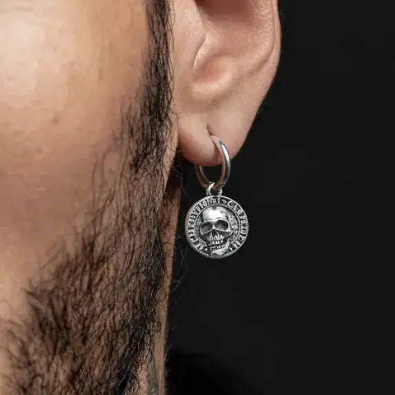 Men's Memento Mori Skull Drop Hoop Earrings