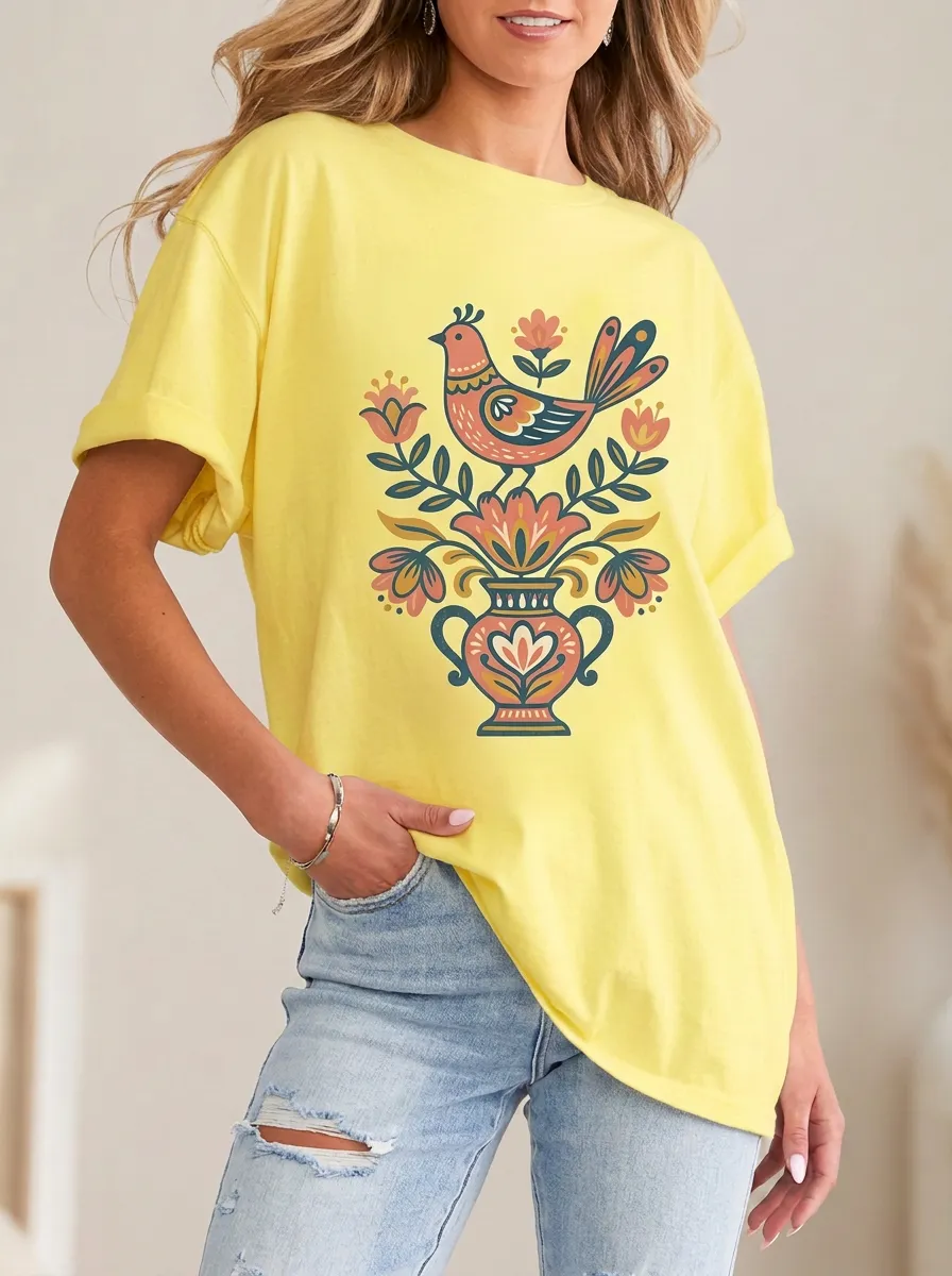 Women's Folk Art Bird and Floral Vase Printed T-shirt