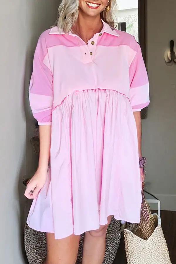 Button Front Mixed Panel Collared Mini Dress