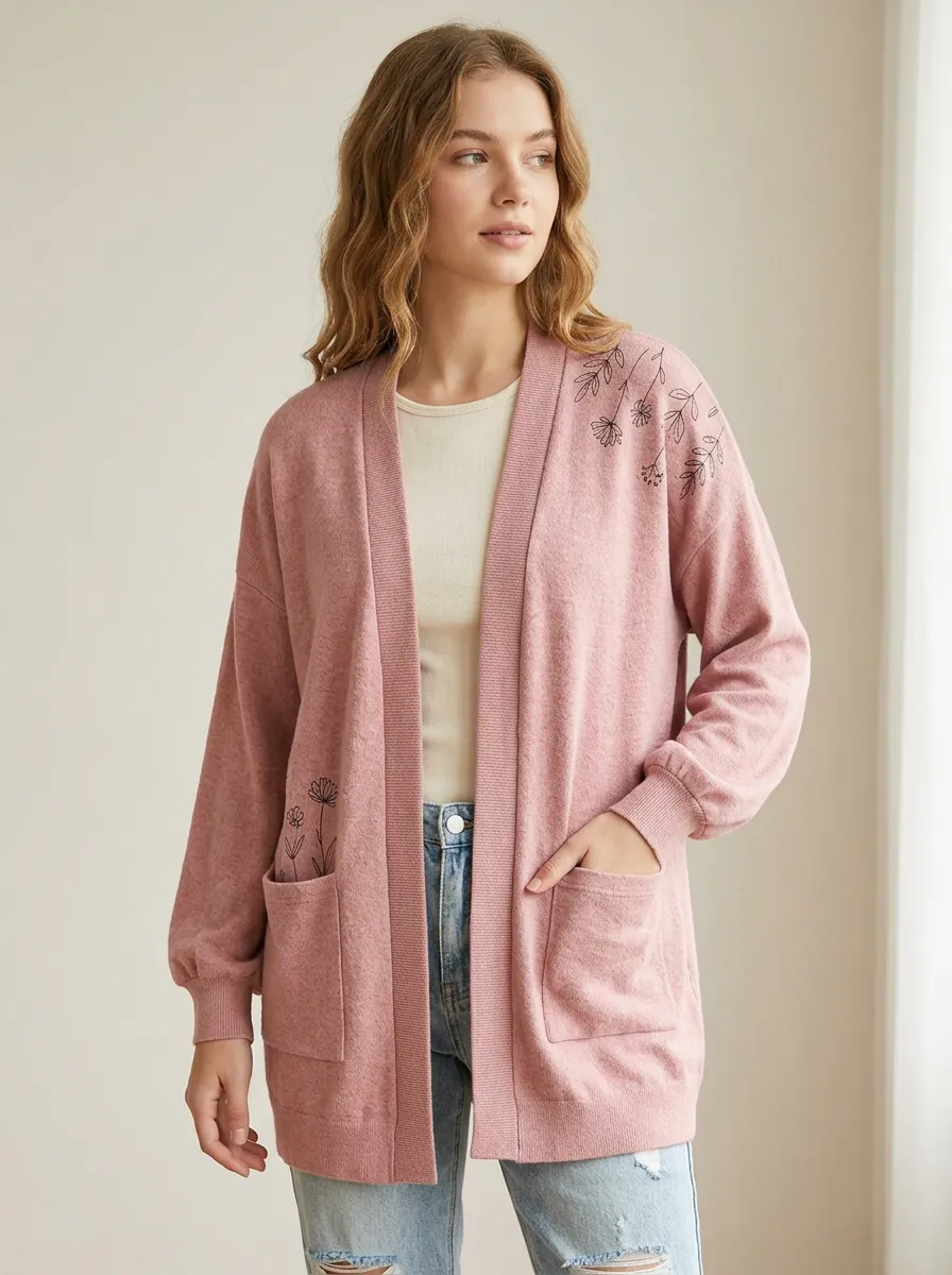 Pink Modern Floral Minimalist Line Art Print Cardigan