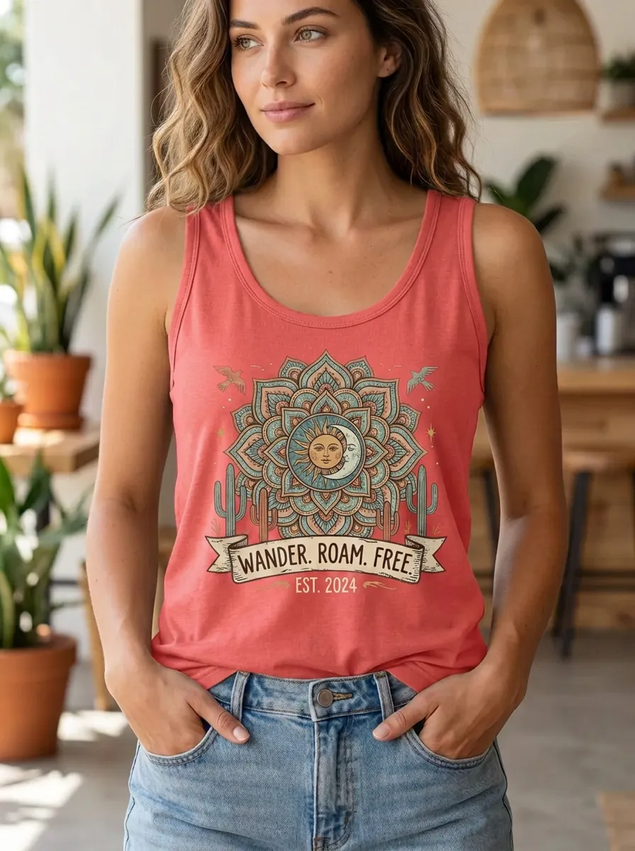 Boho Wanderer Sun Moon Mandala Cactus Tank Top