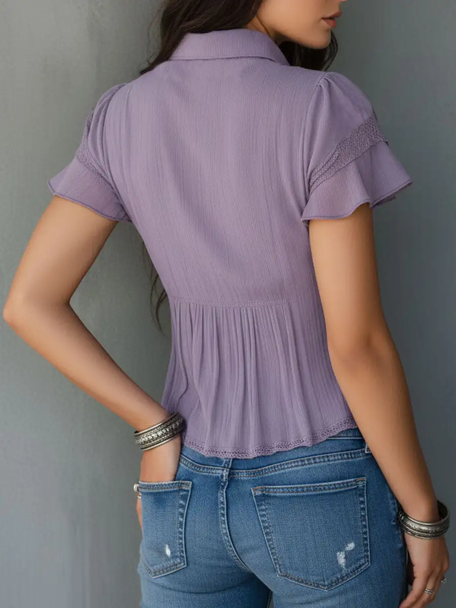 Vintage Boho Lavender Pleated Ruffled Lace Blouse