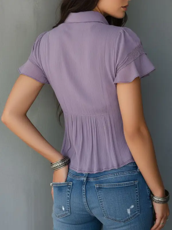 Vintage Boho Lavender Pleated Ruffled Lace Blouse