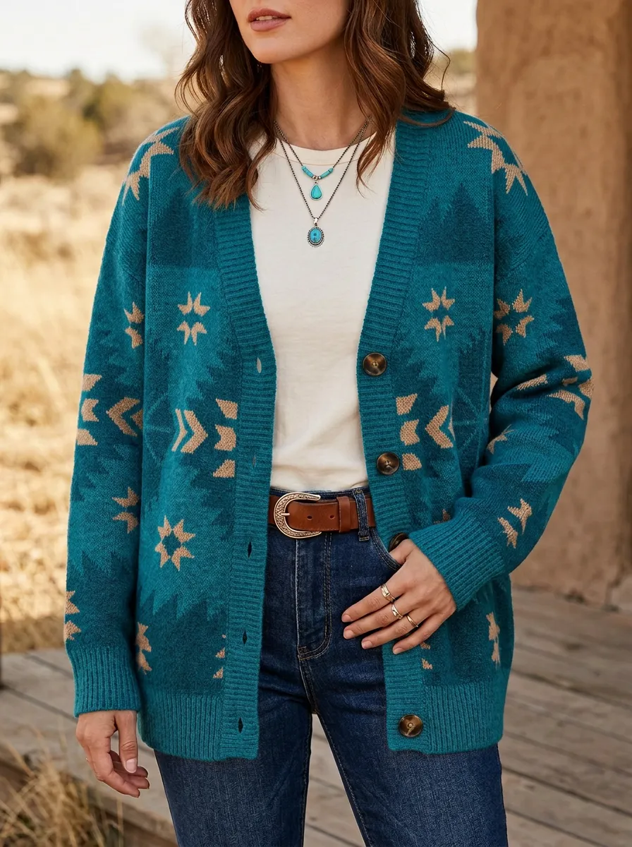 Women's Western Beige Southwestern Pattern Button-Front Cardigan