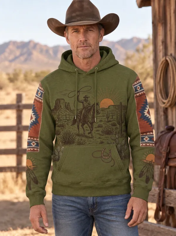Men's Western Cowboy Lasso Desert Sunset Sun Graphic Hoodie