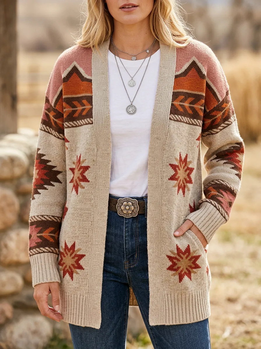 Women's Western B3 Aztec Star Pattern Printed Cardigan