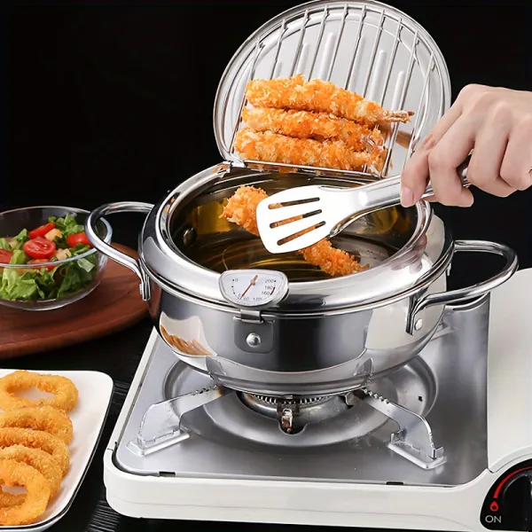 Stainless Steel Deep Fryer with Thermometer and Draining Rack, Kitchen Tool for Perfect Fried Foods