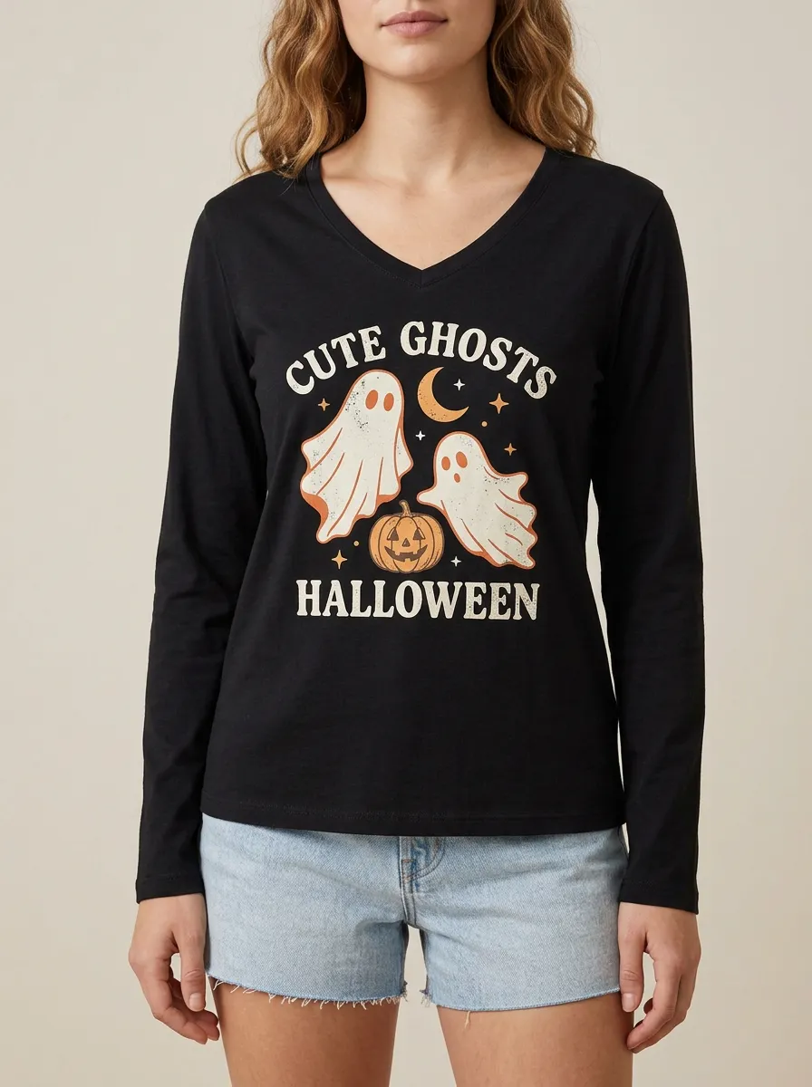 Women's Halloween Cute Ghosts Pumpkin Moon Printed V-neck Long Sleeve Top