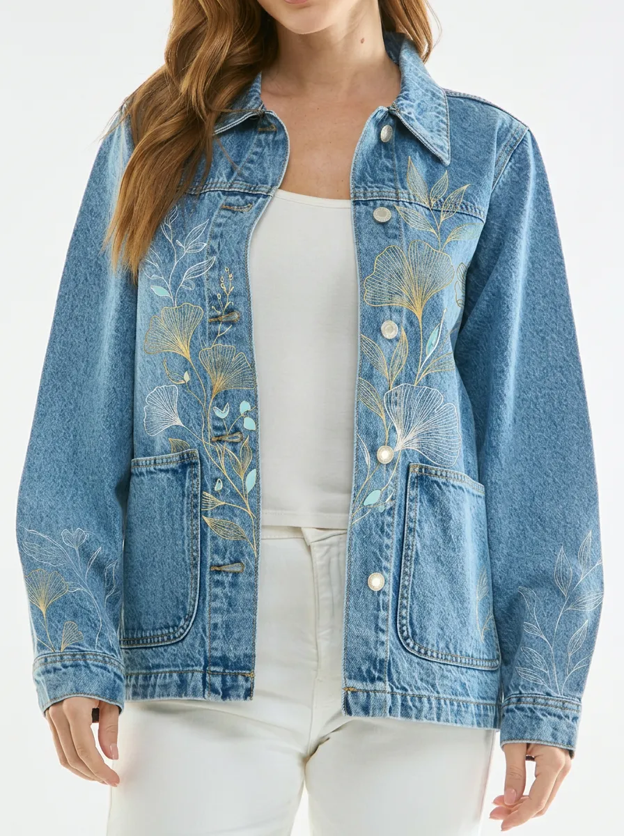 Women's Botanical Nature Lover Ginkgo Leaf Printed Denim Jacket