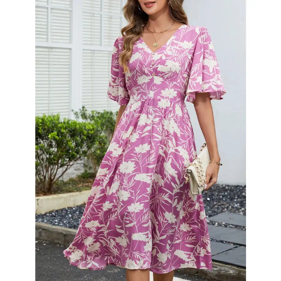 Flutter Sleeve V-Neck Summer Midi Dress