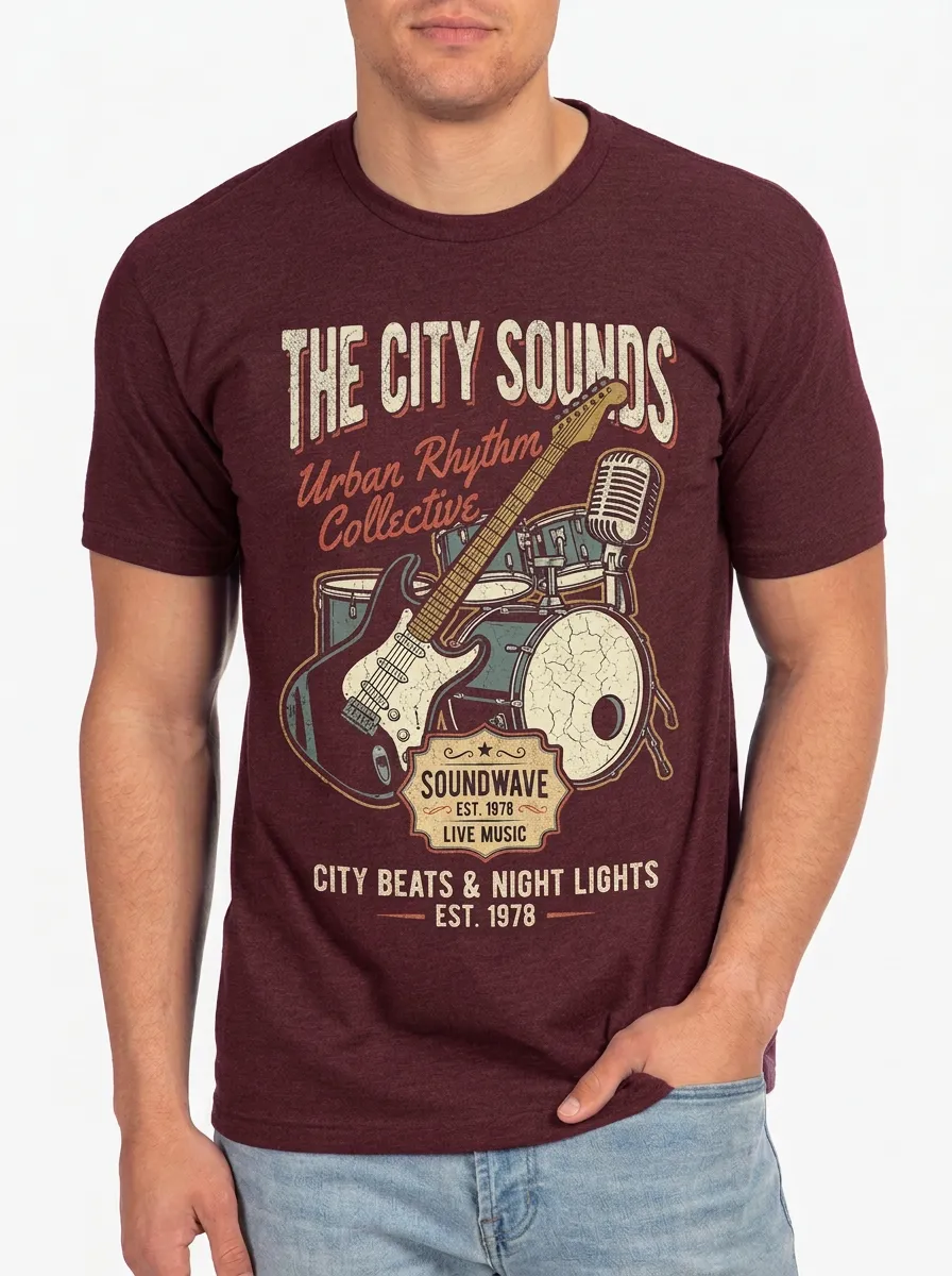 Men's Music Lover Vintage Guitar Drum Printed T-shirt
