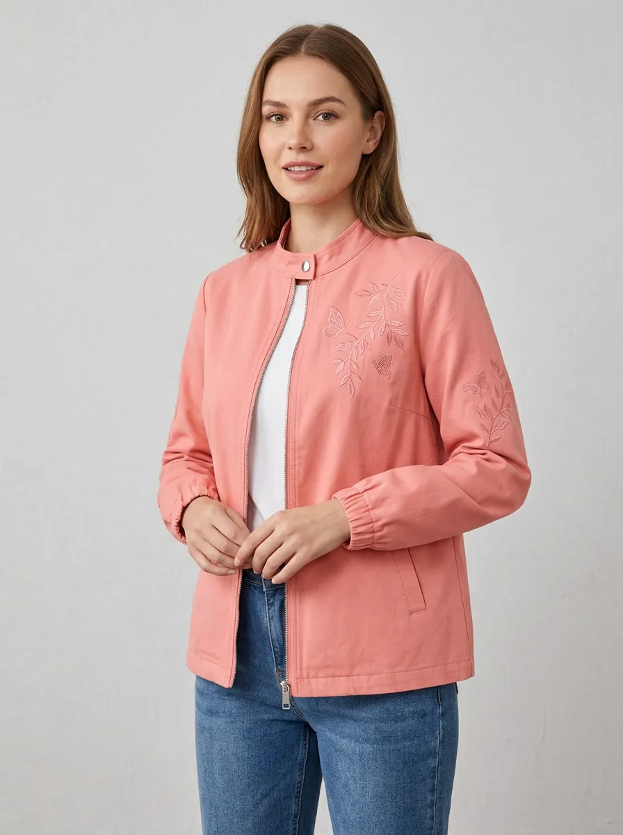 Women's Pink Butterfly Floral Embroidered Zip-up Bomber Jacket