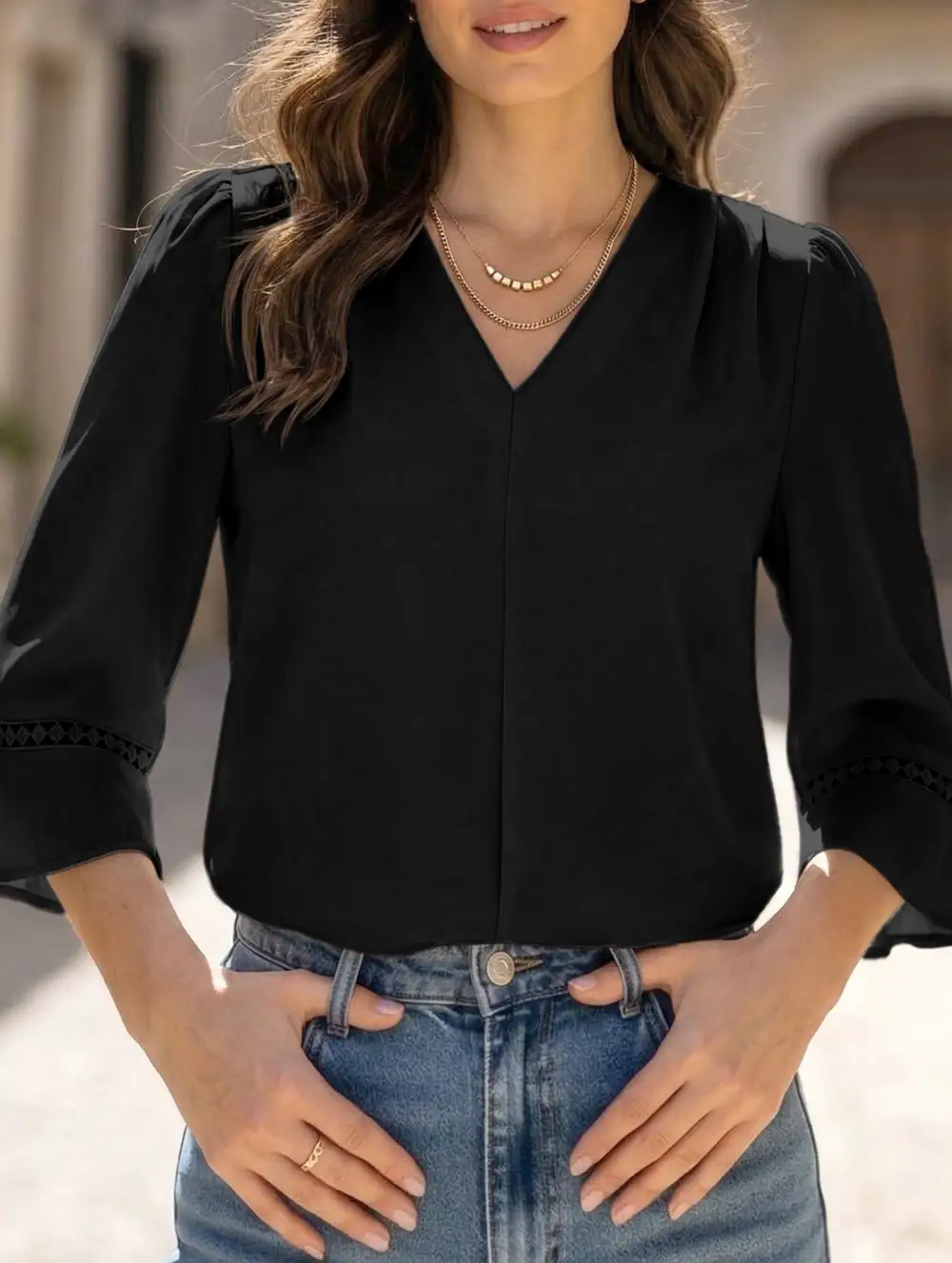 V Neck Office Three Quarter Sleeve Blouse
