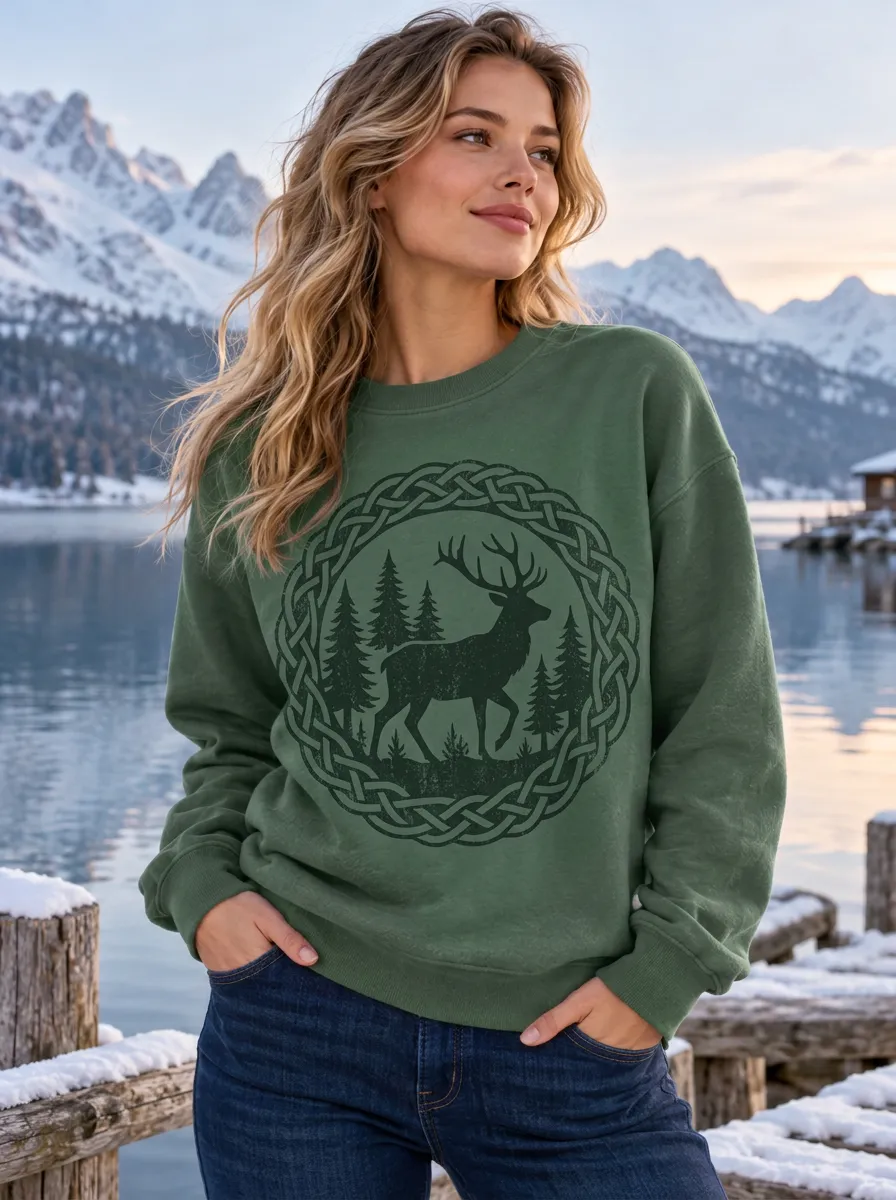 Women's Viking-Inspired Deer Forest Celtic Knot Crewneck Sweatshirt