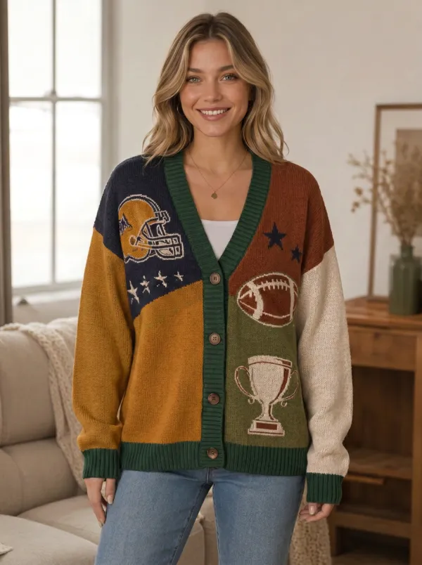 Women's Expressive Gridiron Helmet Trophy Ball Knit Cardigan