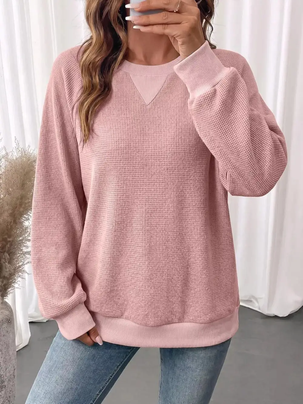 Crew Neck Waffle Knit Sweatshirt