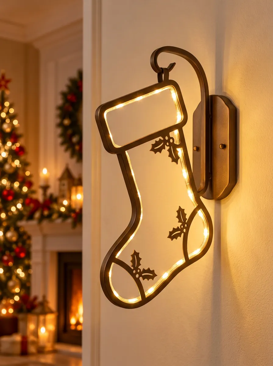 LED Holly Stocking Christmas Wall Light