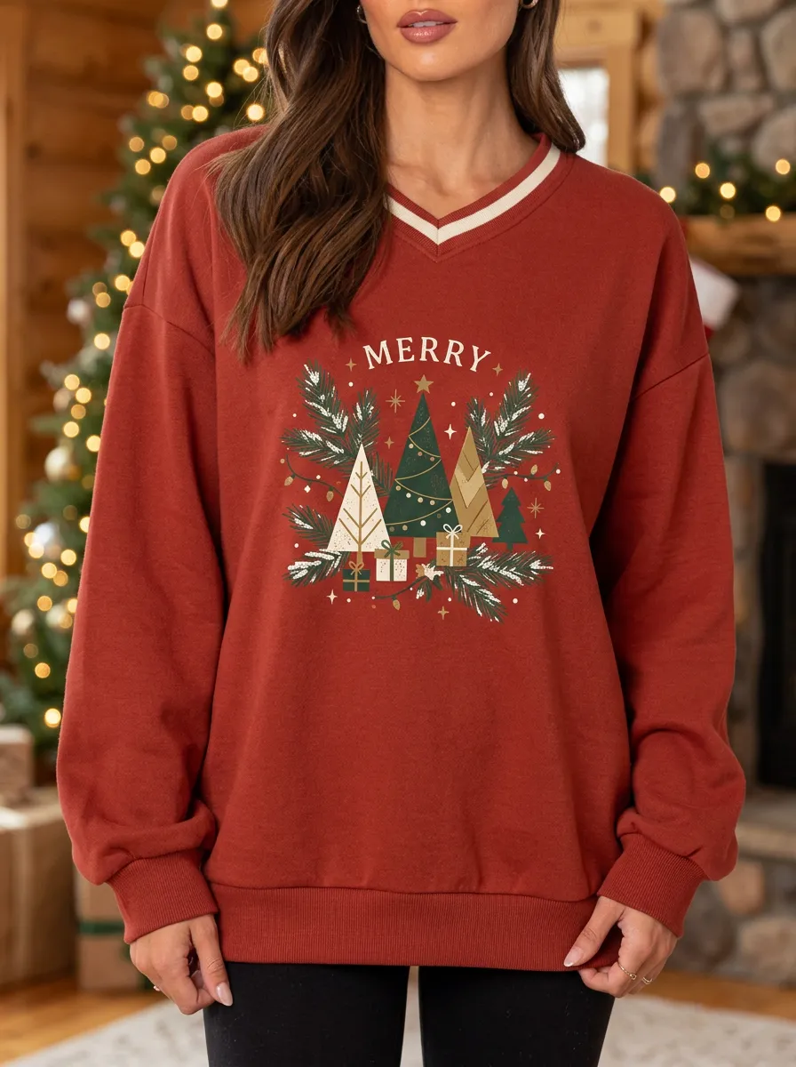 Merry Christmas Tree Gift Print Sweatshirt