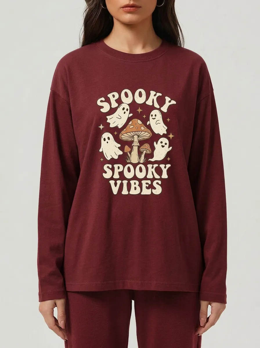 Women's Halloween Spooky Vibes Mushroom Ghost Printed Long Sleeve Top