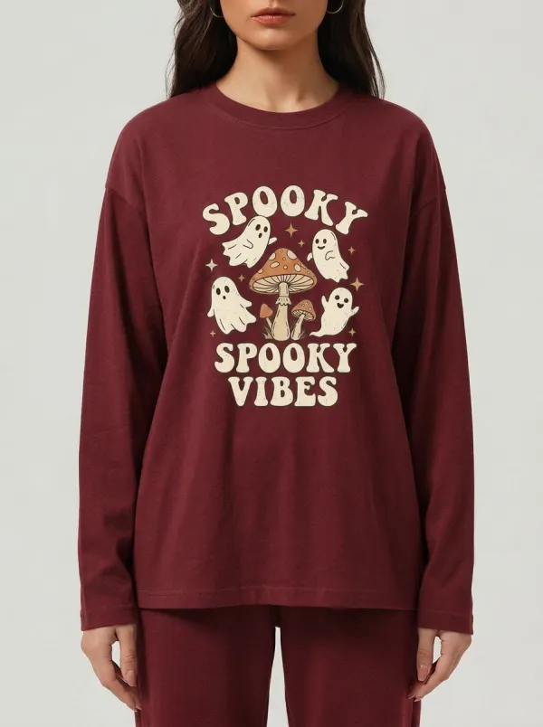 Women's Halloween Spooky Vibes Mushroom Ghost Printed Long Sleeve Top
