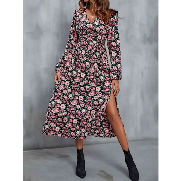 Neck V-Neck Slit Midi Dress