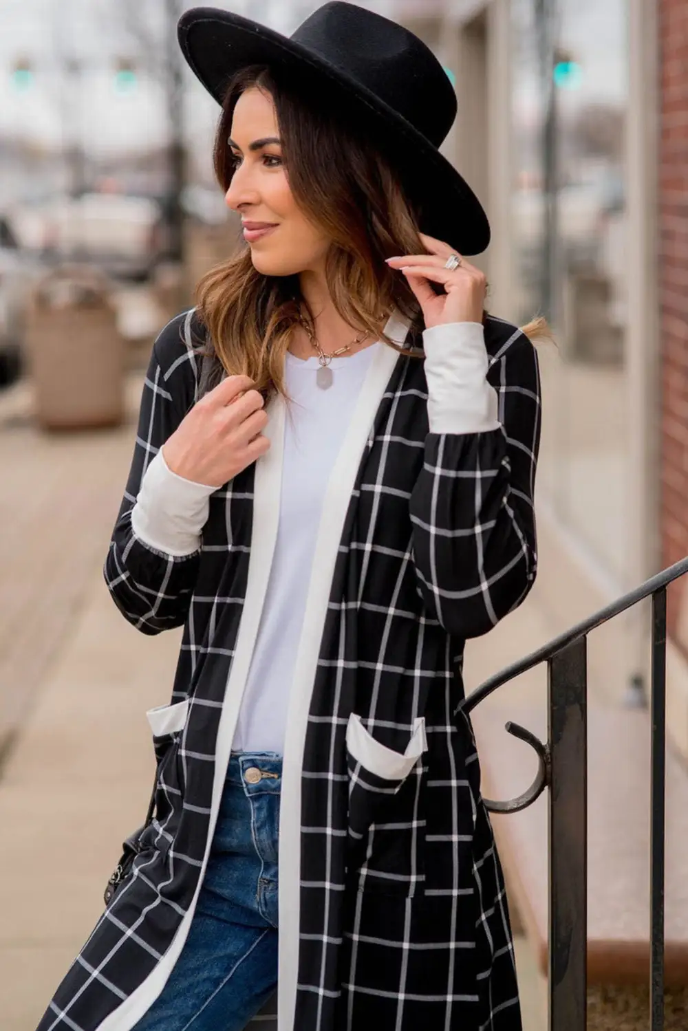 Plaid Color Block Edge Open Pocketed Cardigan