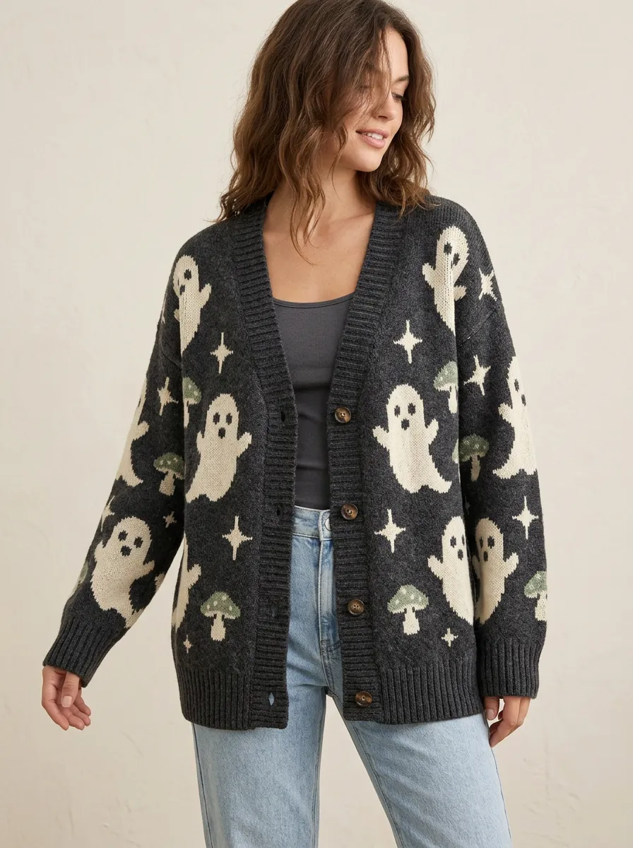 Women's Halloween Spooky Ghost Mushroom Pattern Printed Cardigan