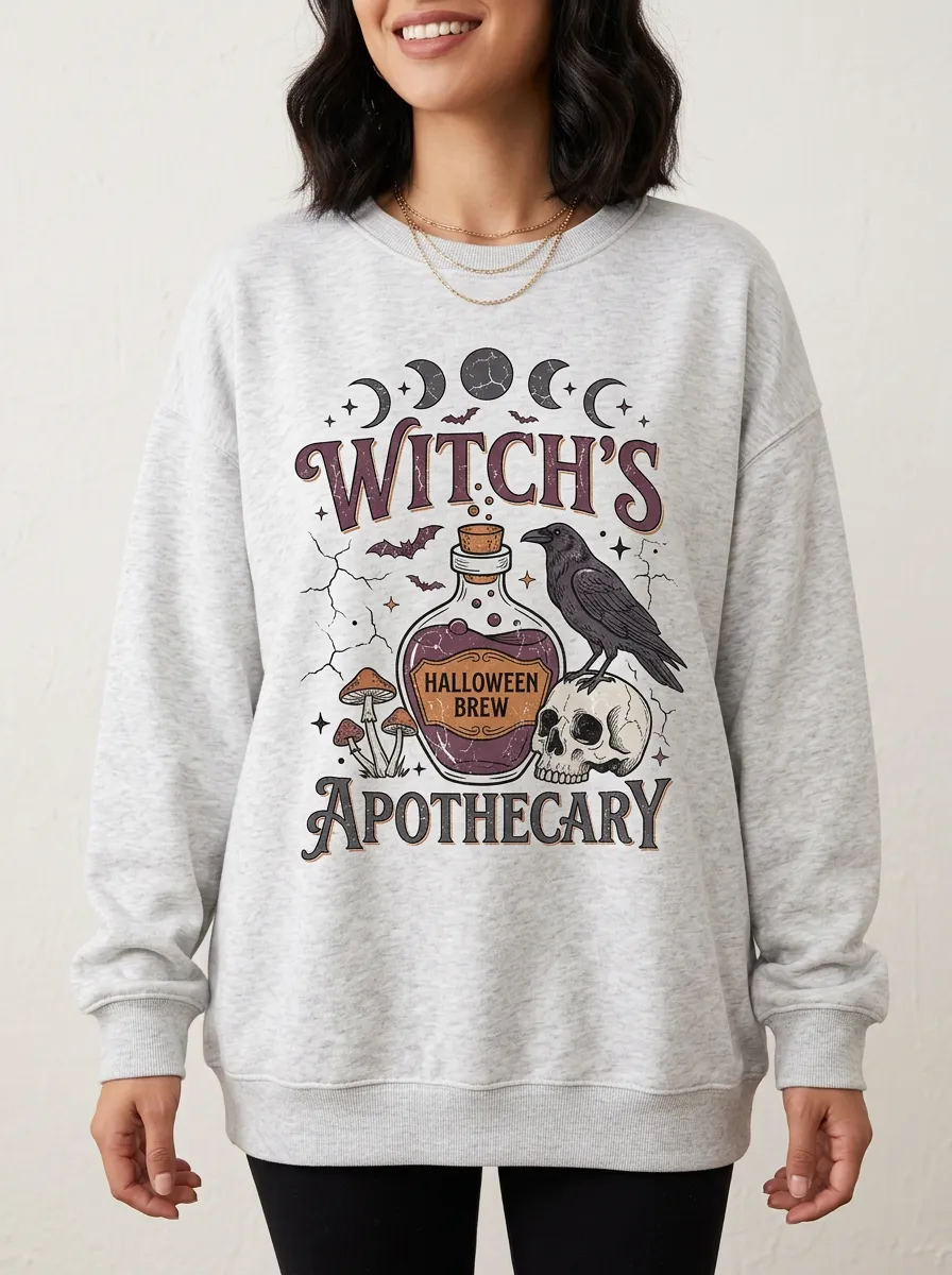 Women's Halloween Witch Apothecary Raven Skull Printed Sweatshirt