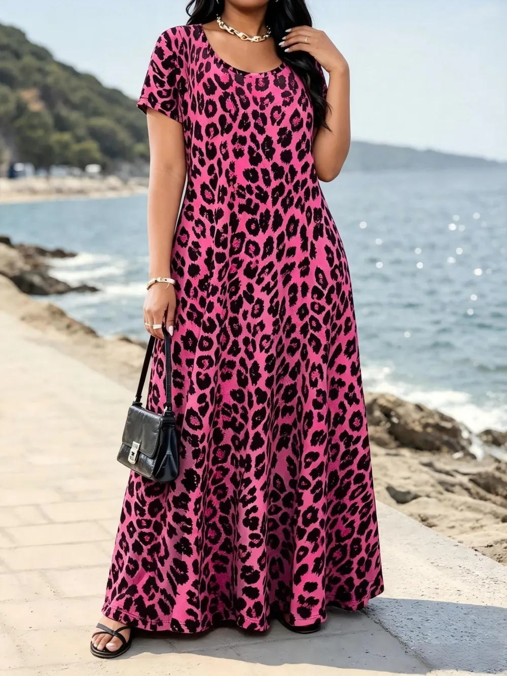 Hot Sale -60% OFF-Women's Leopard Print Maxi Dress with Pockets Casual Short Sleeve Long Dress