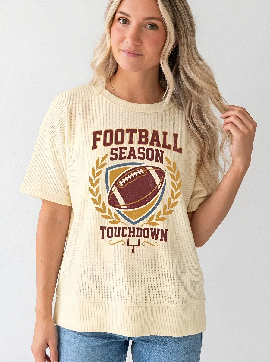Women's Football Season Touchdown Shield Waffle Printed T-Shirt