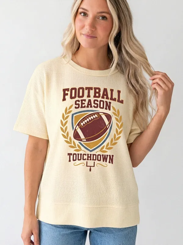 Women's Football Season Touchdown Shield Waffle Printed T-Shirt