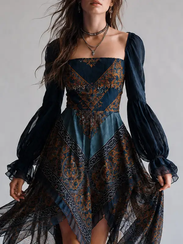 Bohemian Paisley Print Handkerchief Hem Dress