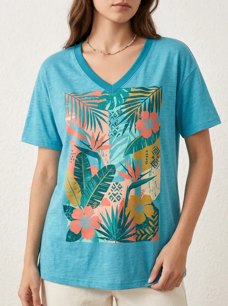 Women's Tropical Nature Lover Hibiscus Palm Printed V-neck T-shirt