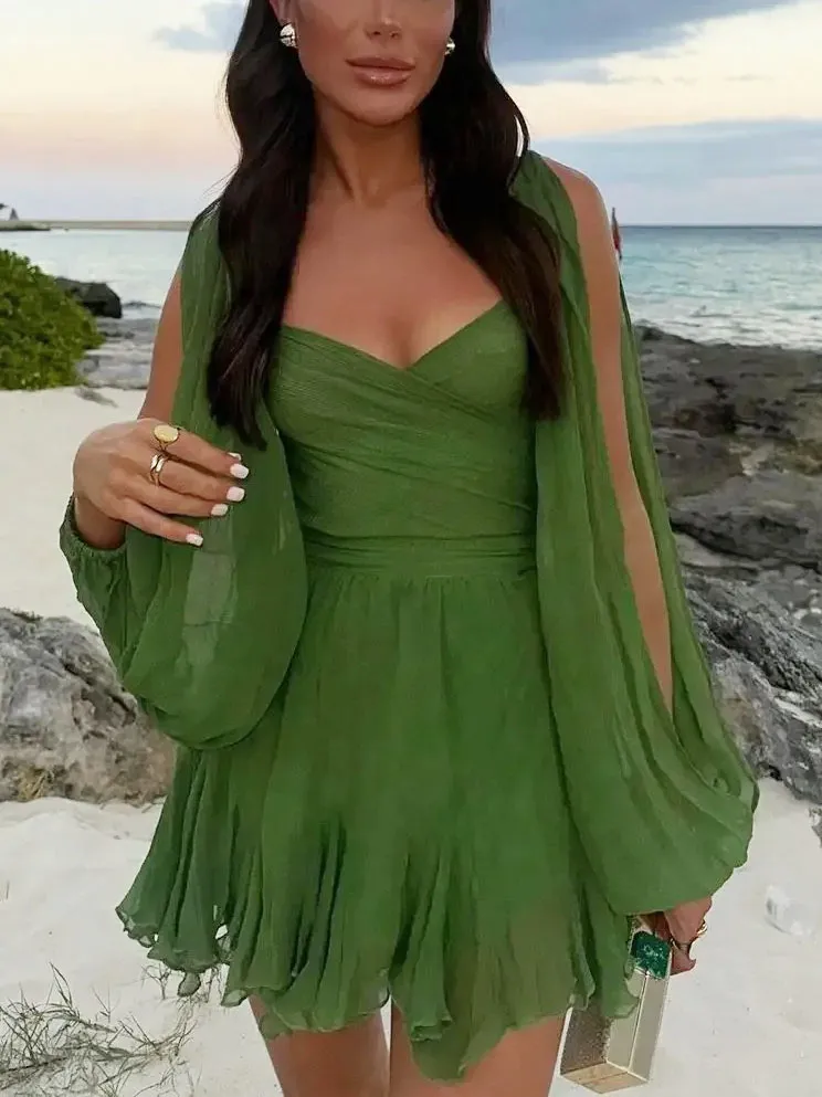 Neck Lantern Sleeves Flowy Sexy Mini Dress
