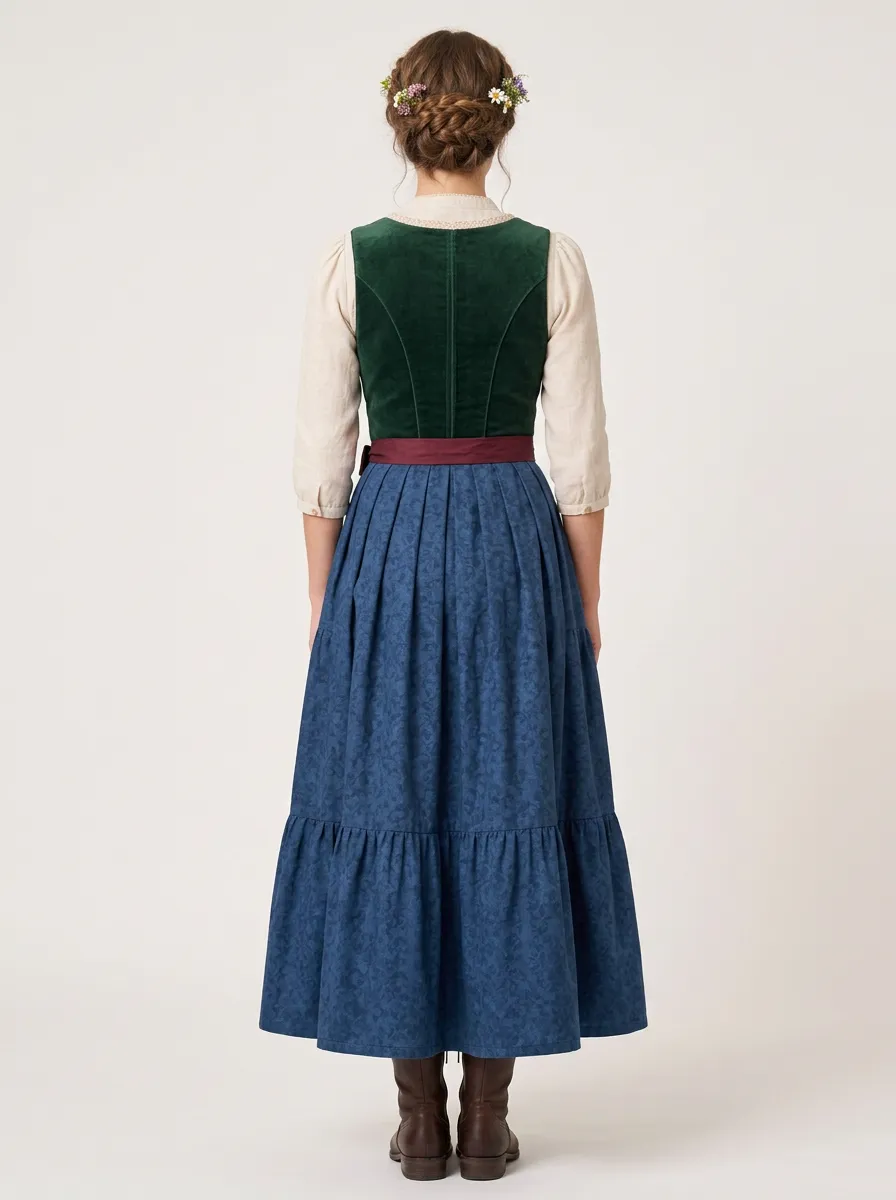 Floral Embroidered Velvet Bodice Traditional Women's Bavarian Oktoberfest Dirndl Dress
