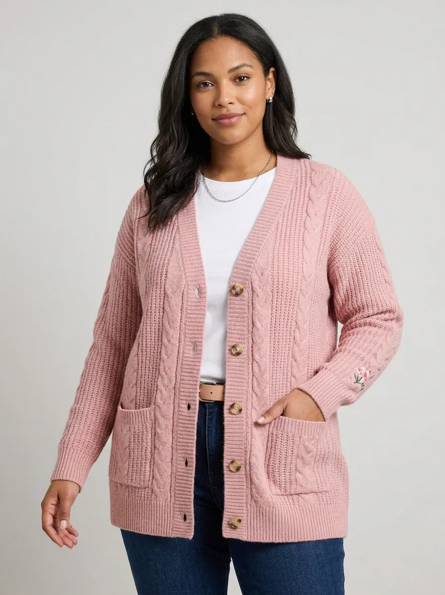 Women's Pink Floral Embroidered Cable Knit Button Cardigan