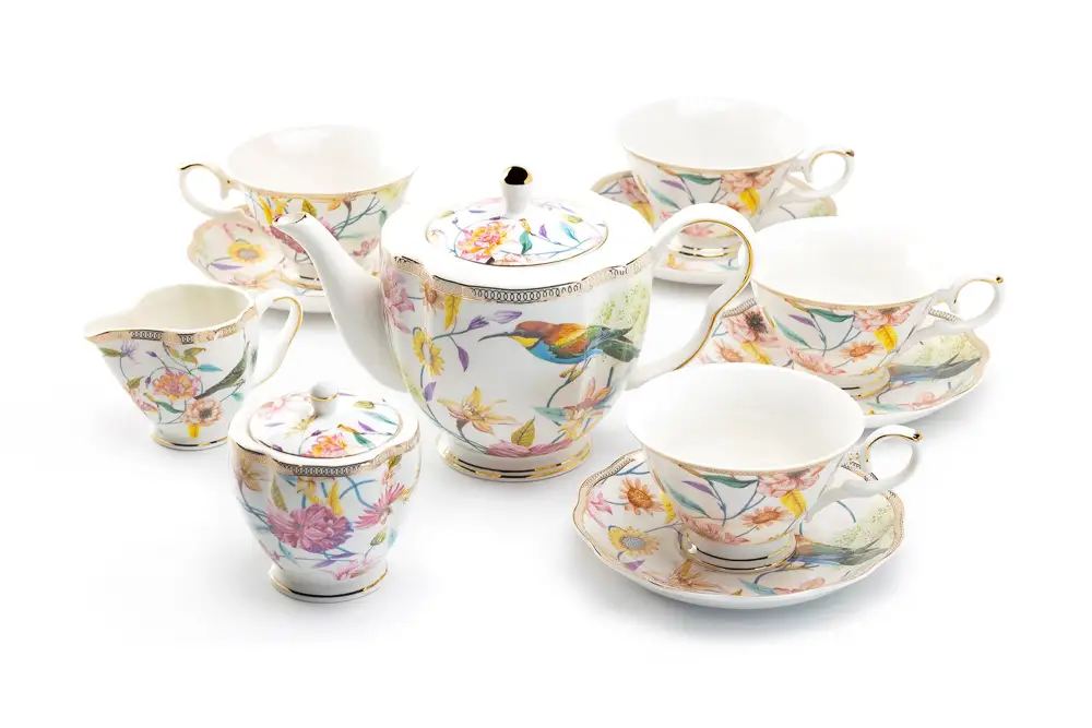Spring Flowers Hummingbird Fluted Cups Porcelain Tea Set