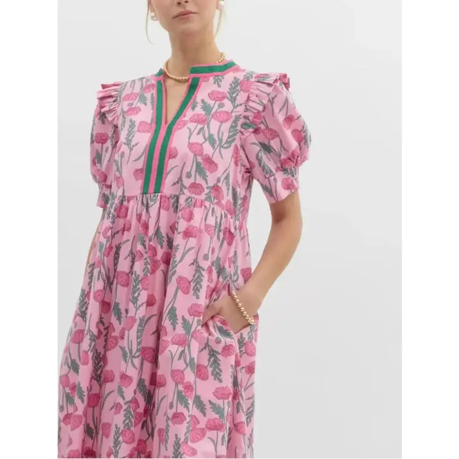 Puff Sleeve Midi Dress with Contrast Trim
