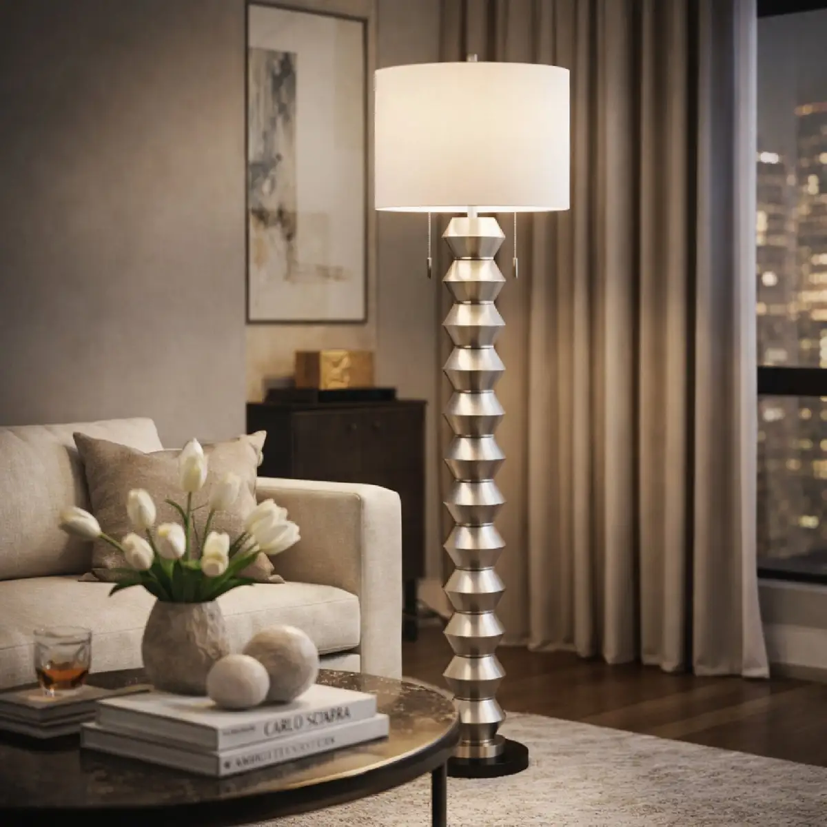Linen-Shade Metal Floor Lamp