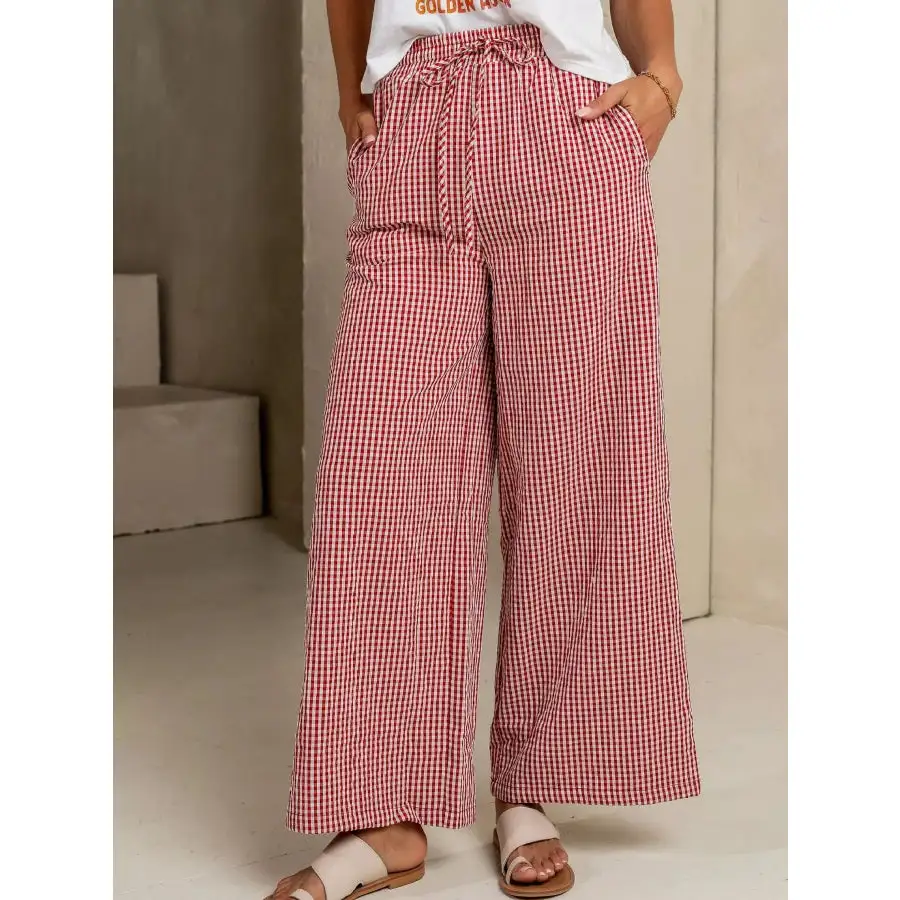 Gingham Print Wide Leg Casual Pants