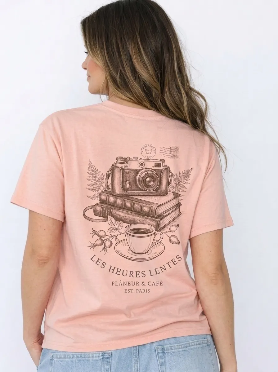 Women's Paris Cafe Camera Books Aesthetic Printed T-shirt