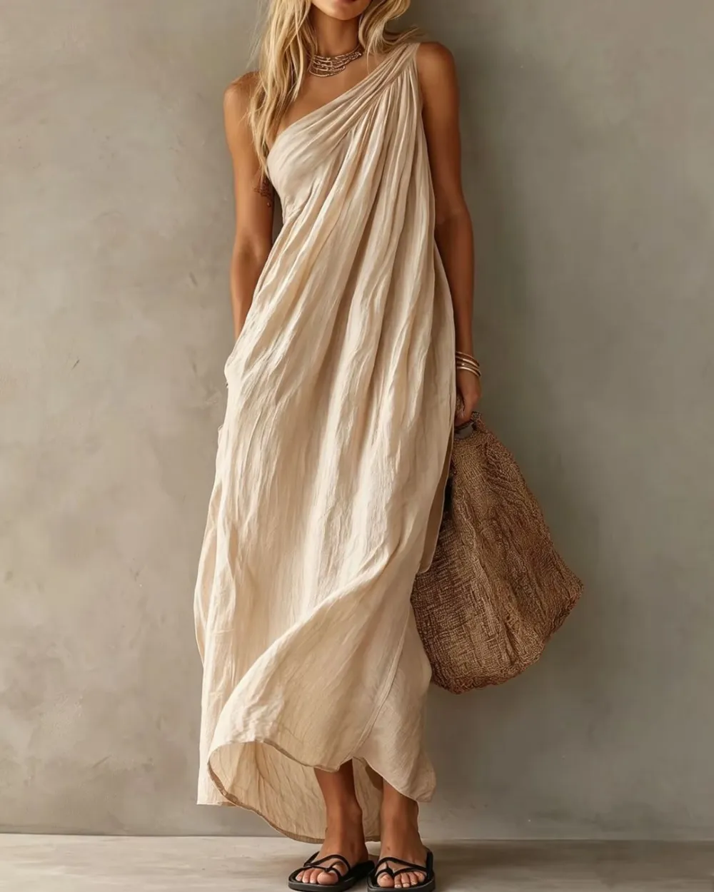 Elegant One-Shoulder Ruched Maxi Dress