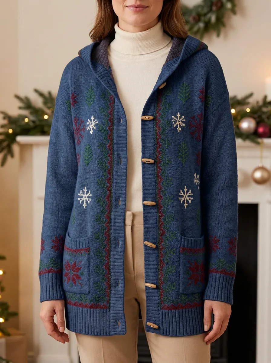 Christmas Snowflake Tree Pattern Knit Hooded Cardigan
