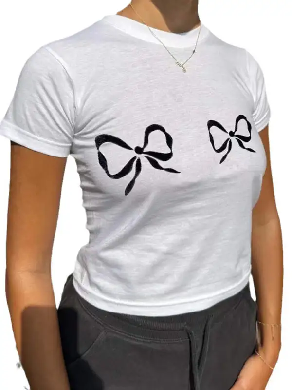 Refined Round-Neck Short-Sleeve Bow-Detail Knit T-Shirt