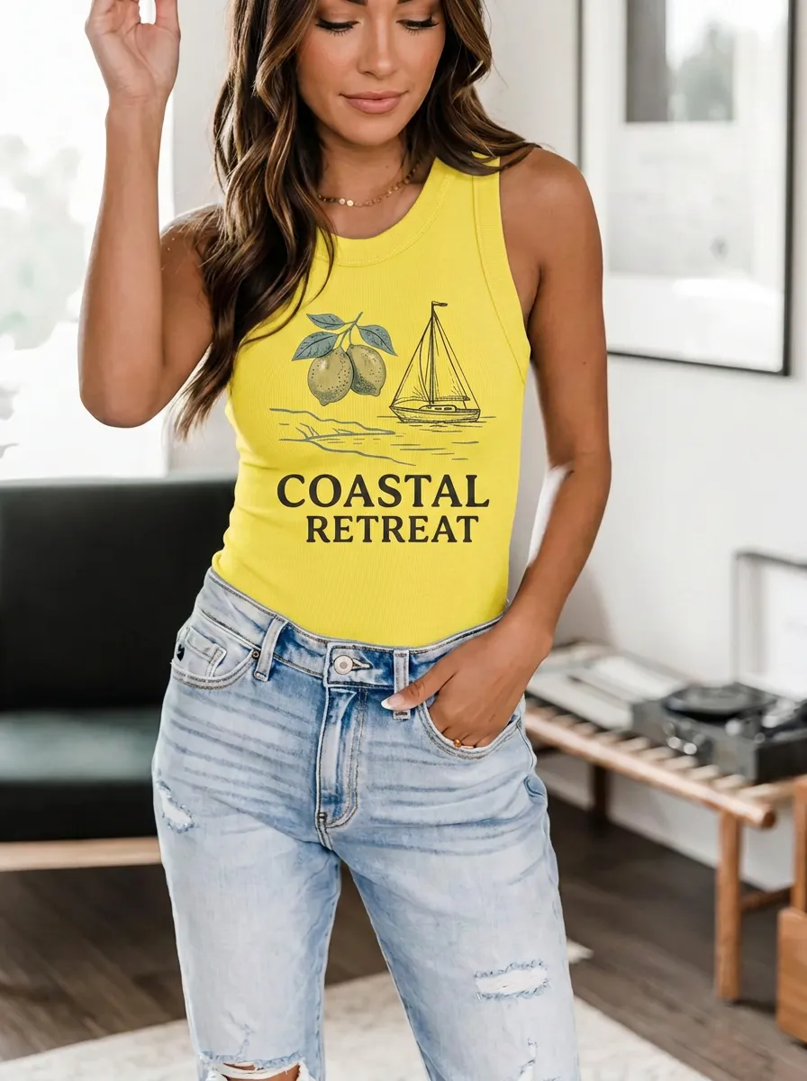 Women's Coastal Retreat Lemon Sailboat Printed Tank Top